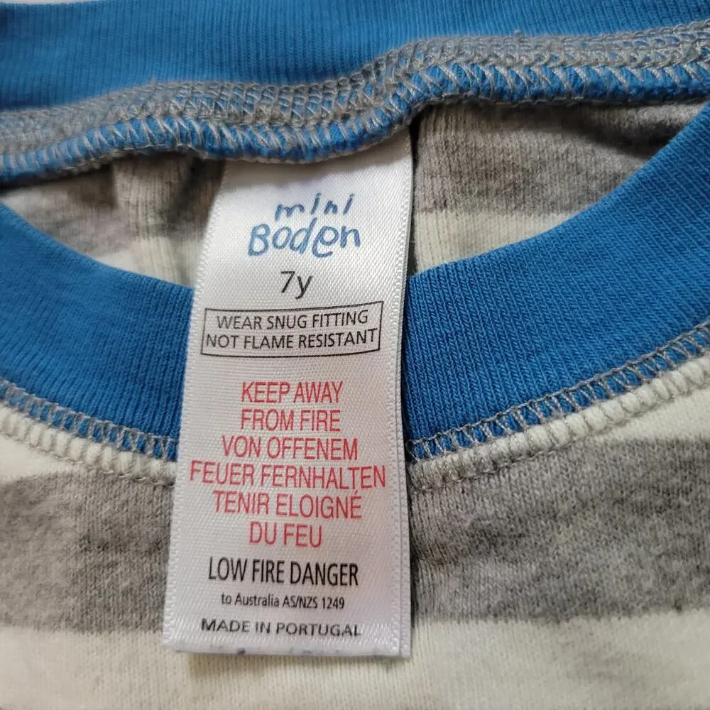 Mini Boden Size 7y 100% Cotton Grey White Striped Blue Accent‎ Crew Neck Top